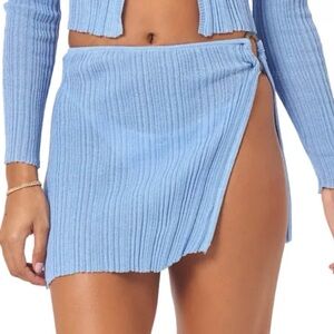 Light Blue Ribbed Mini Skirt with Side Slit